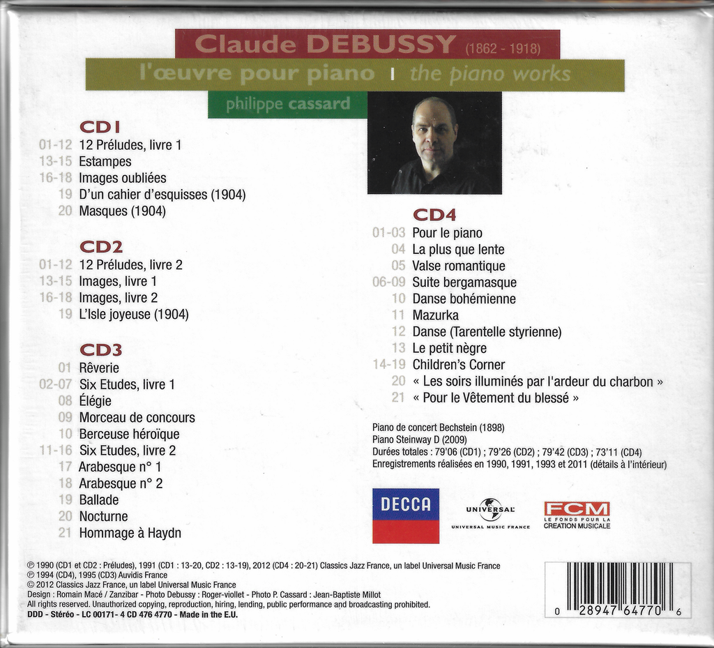 Cassard: Debussy Compl Piano Works - Decca 476 4770 (4CD set, sealed)