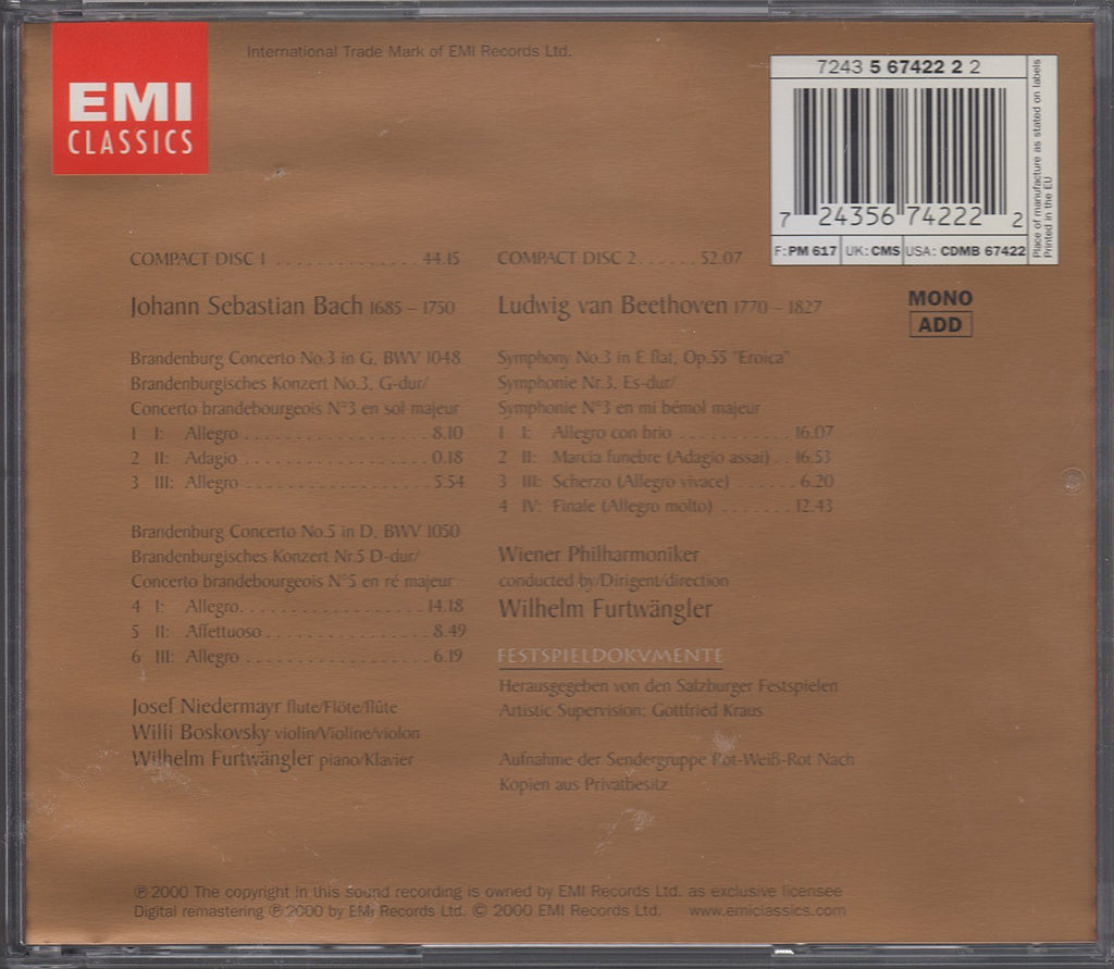 Furtwangler: Brandenburg Concerti 3 & 5 + Eroica - EMI 5 67422 2 (2CD set)