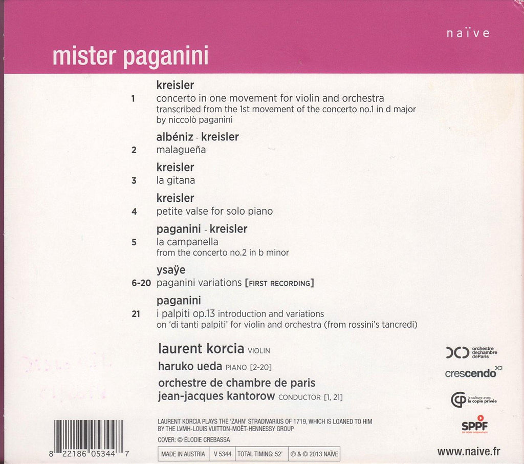 Korcia: Mister Paganini (with music by Kreisler & Ysaÿe) - Naïve V5344