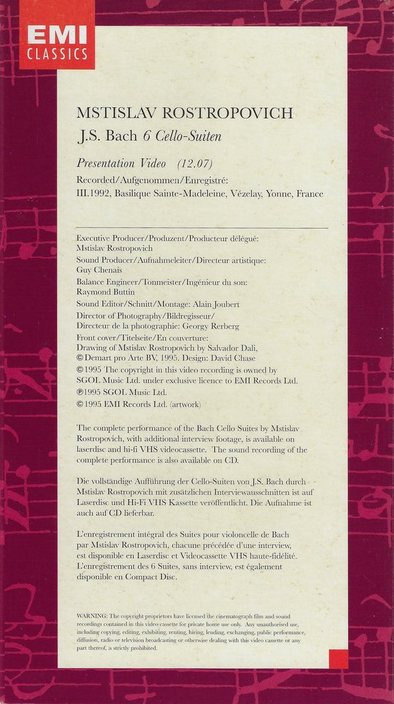 Rostropovich: Bach 6 Solo Cello Suites - EMI (deluxe box issue + VHS video)