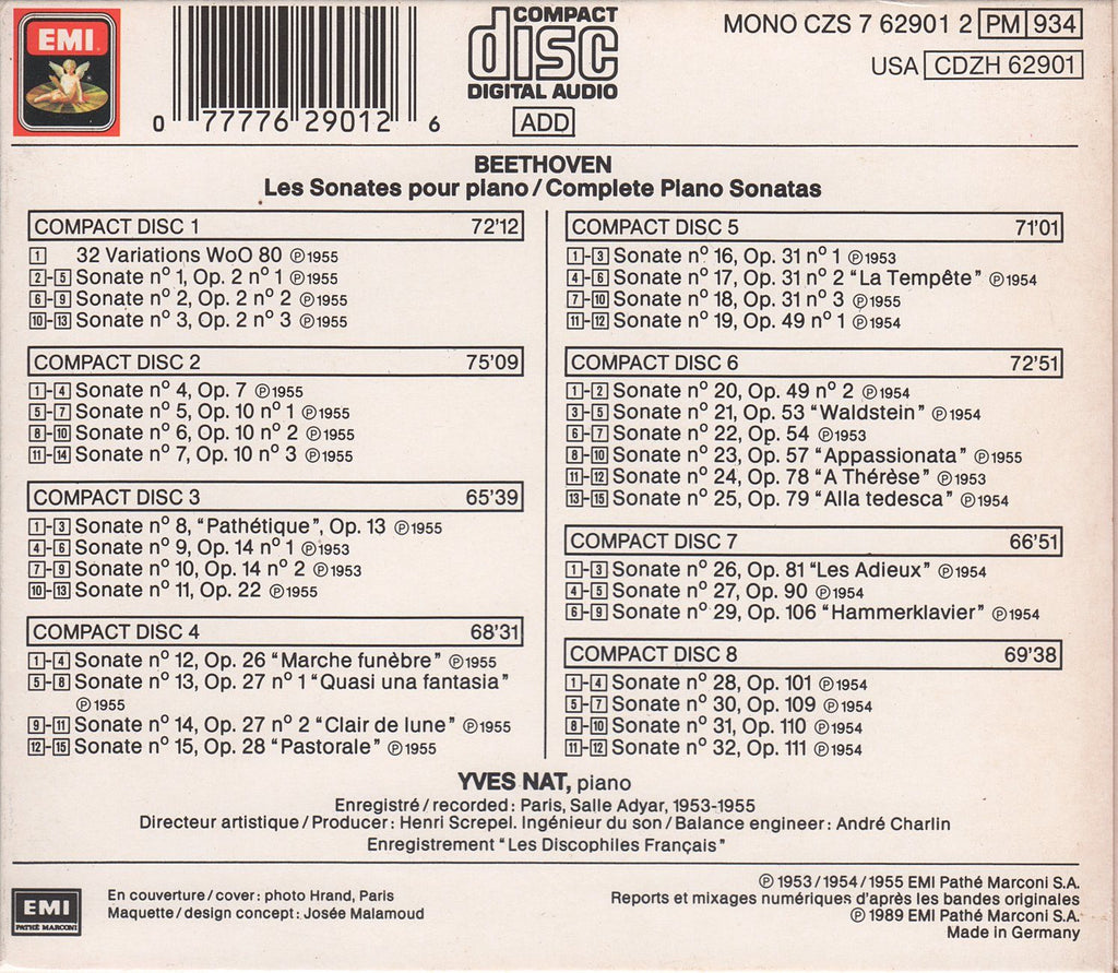 Yves Nat: Beethoven 32 Piano Sonatas - EMI CZS 7 62901 2 (8CD set)