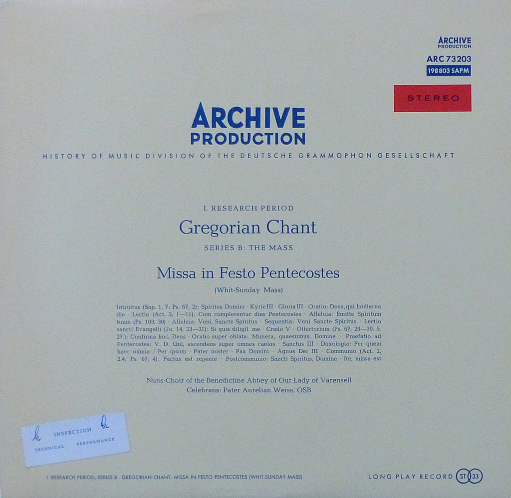 Weiss/Varensell Abbey: Gregorian Chant - Archive ARC 73203