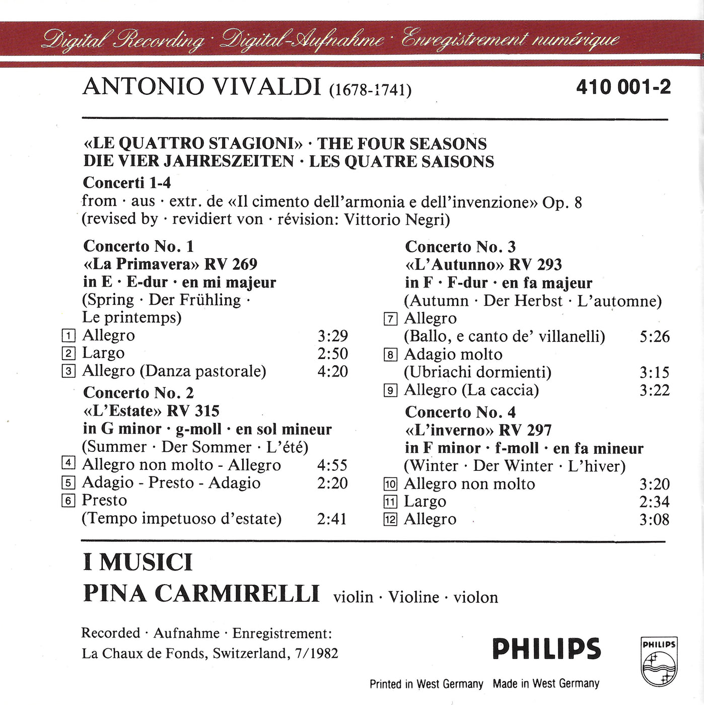 Carmirelli/I Musici: Vivaldi 4 Seasons - Philips ...