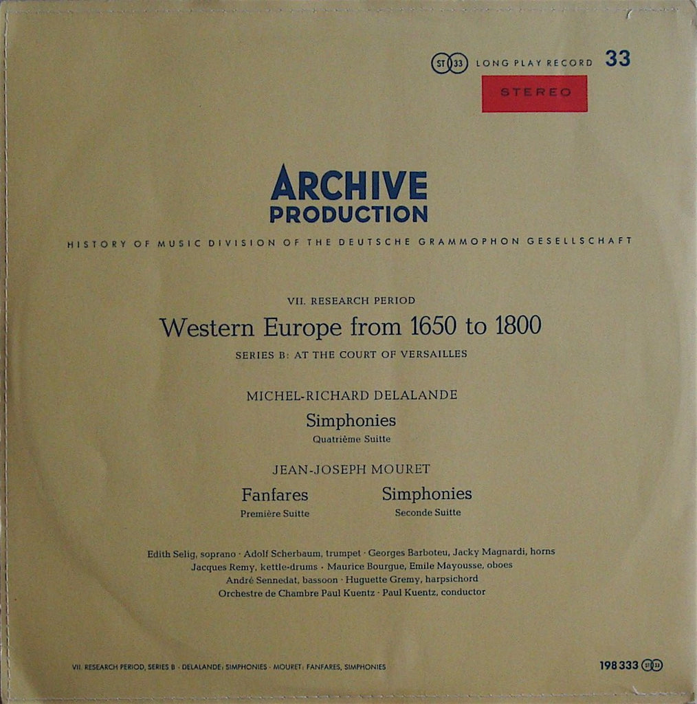 LP - Kuentz: Delalande & Mouret Symphonies (Europe 1650-1800) - Archive 198 333